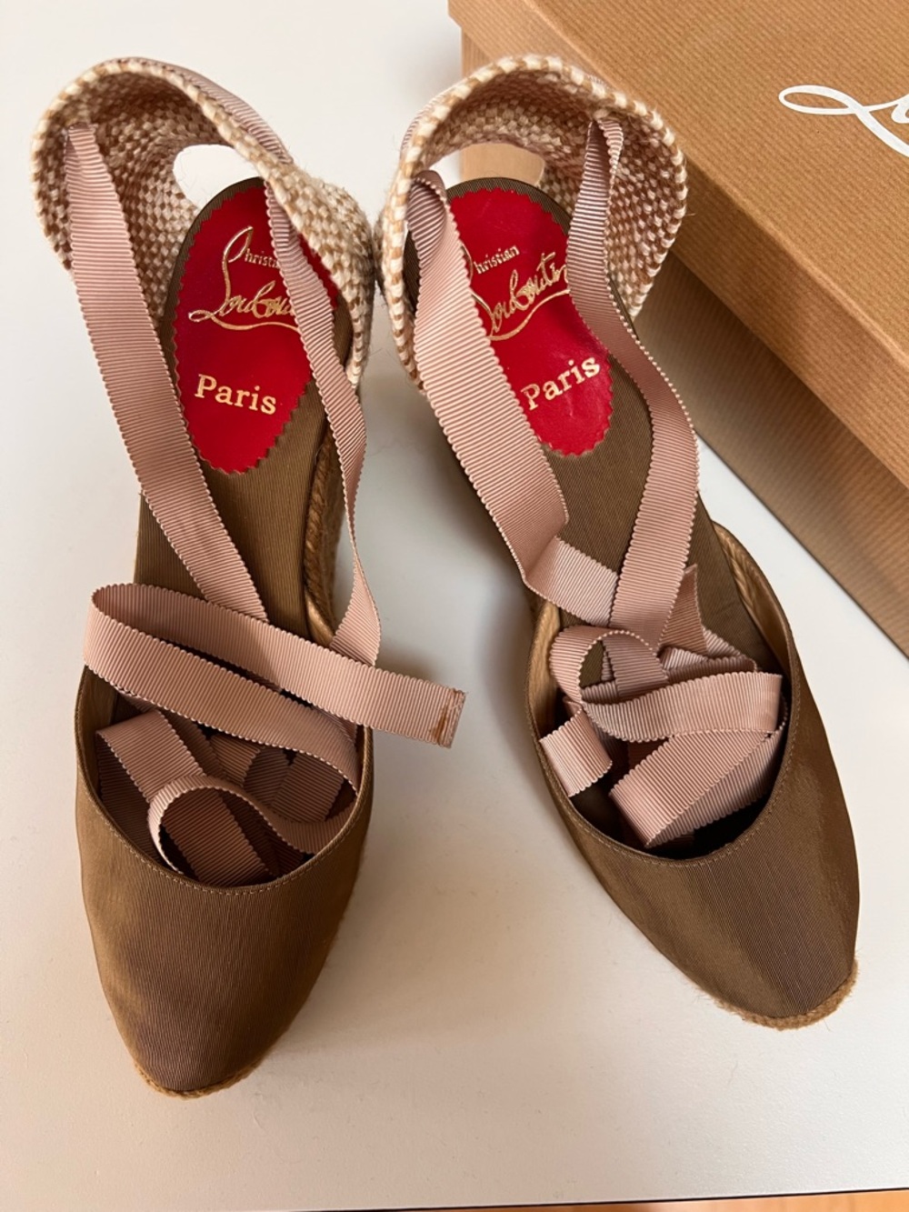 Christian Louboutin Brown Espadrille Wedge with Blush Ribbon